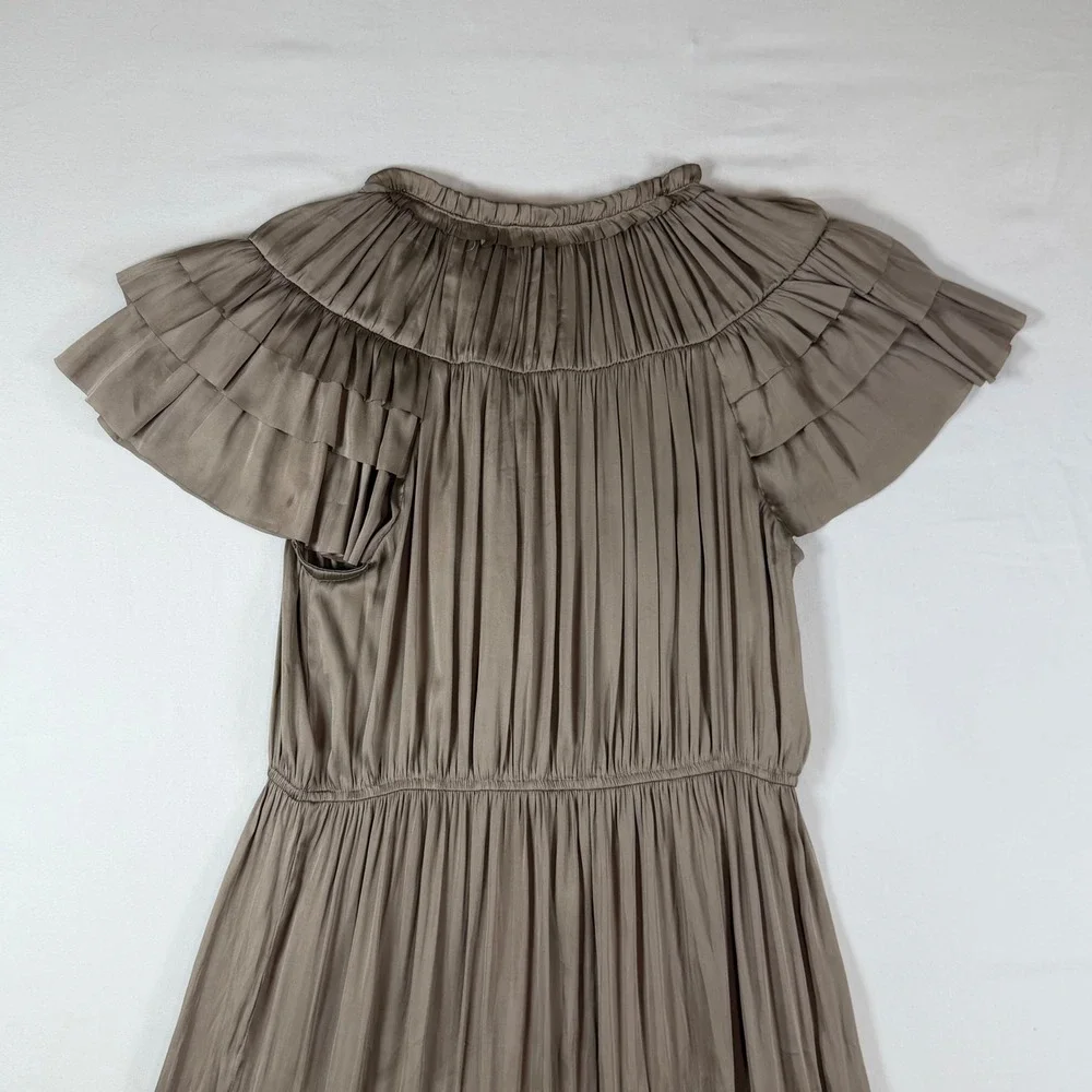 RESET Pleated Tiered Maxi Dress Medium Taupe Mushroom Satin‎ Flutter Sleeve Boho
